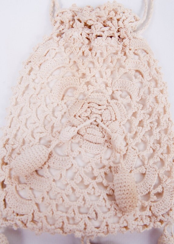 Vintage Crocheted Purse Ivory Drawstring Bag Lined Pineapple Tassles ...