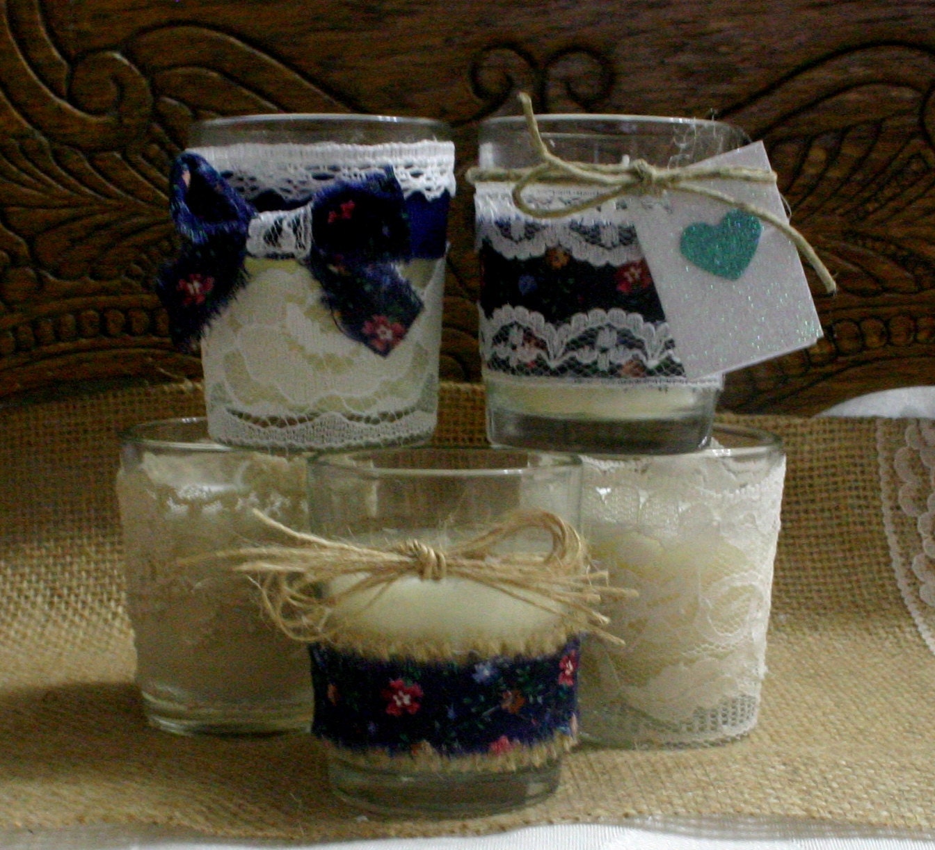 Vintage lace wedding tea candles, country chic, burlap wedding tea candles, French Country wedding vase, Vintage wedding,