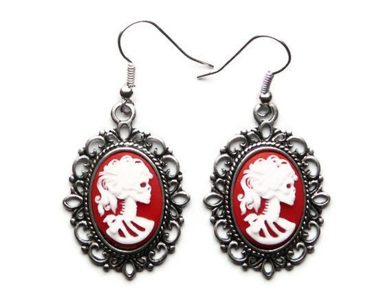 Day Of the Dead Earrings, Skeleton Cameo Earrings, Lady, White & Cherry Red