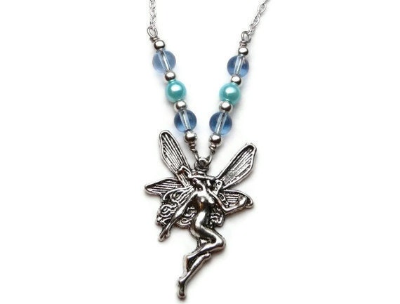Fairy Necklace, Blue Pearls And Beads, Magical Pendant