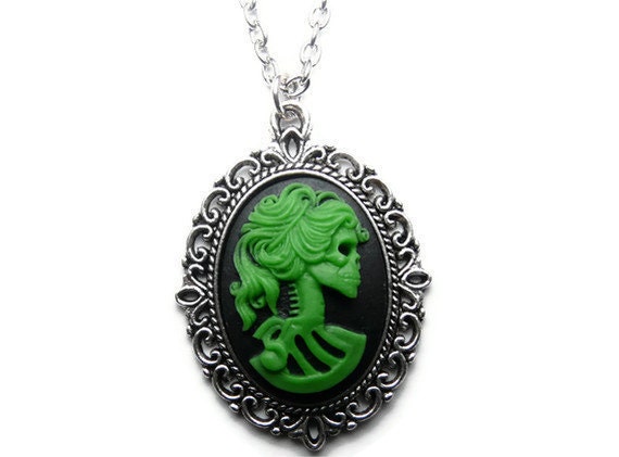 Zombie Girl, Lolita Skeleton Necklace, Cameo Pendant, Skull, Green, Gothic, Lady