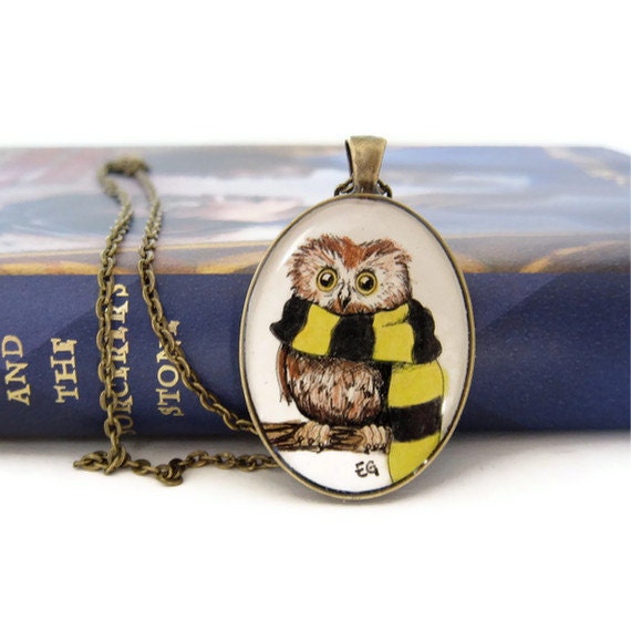 Hufflepuff Owl Necklace, Harry Potter Jewelry, Wearable Art