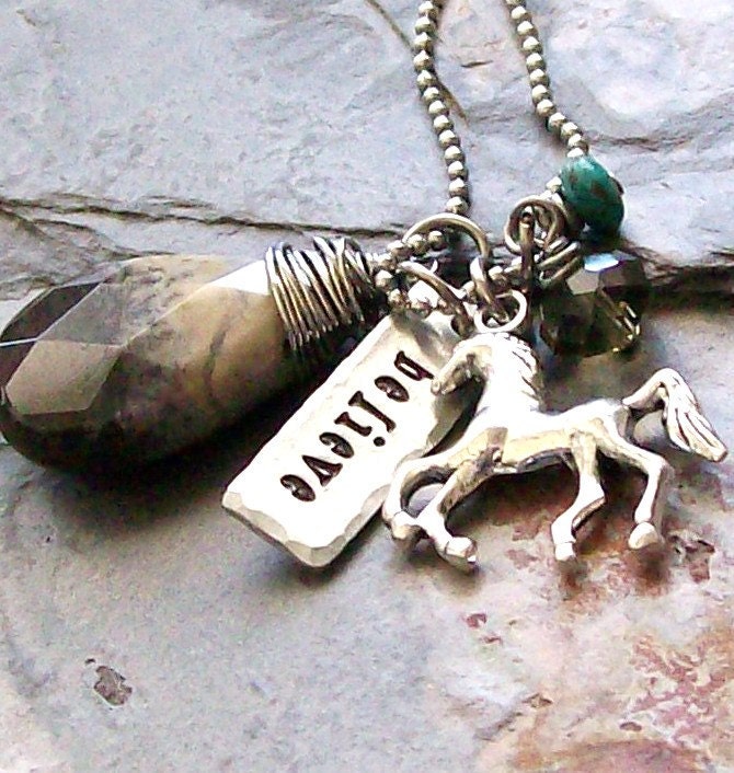 Handstamped Horse Charm Faceted Stone Briolette Necklace