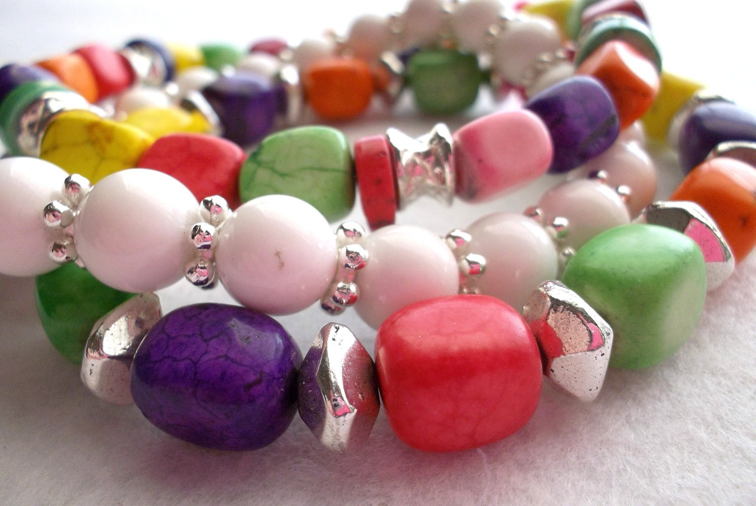 Beaded Stretch Bracelets Bright Multicolor Magnesite and Silver Bead Three Strands
