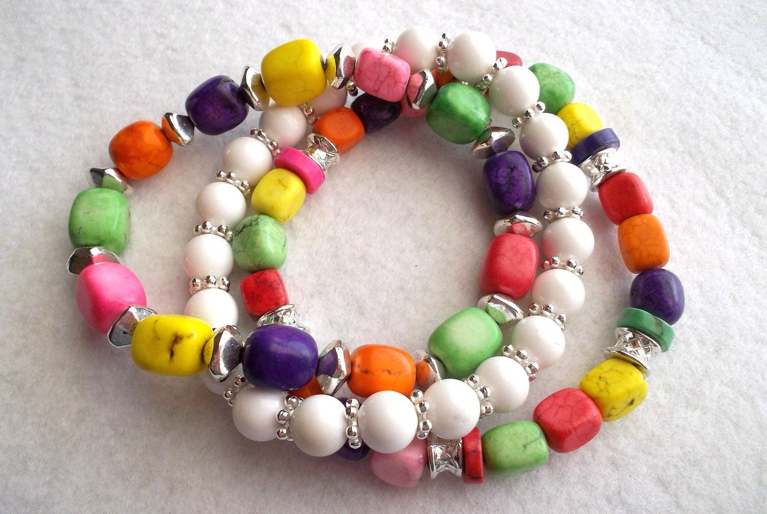 Beaded Stretch Bracelets Bright Multicolor Magnesite and Silver Bead Three Strands