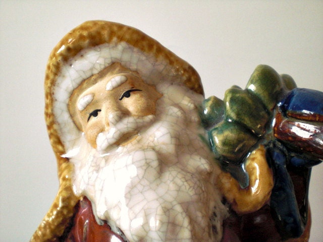 Vintage Santa figure. Rustic Christmas decor. Beautiful crackled glaze.