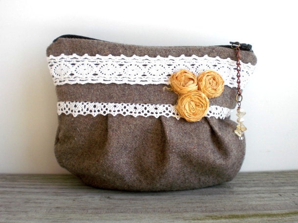 Cottage chic zipper purse / vintage wool / rustic / cotton print / Victorian inspired / romantic / yellow silk / white lace / stone beige