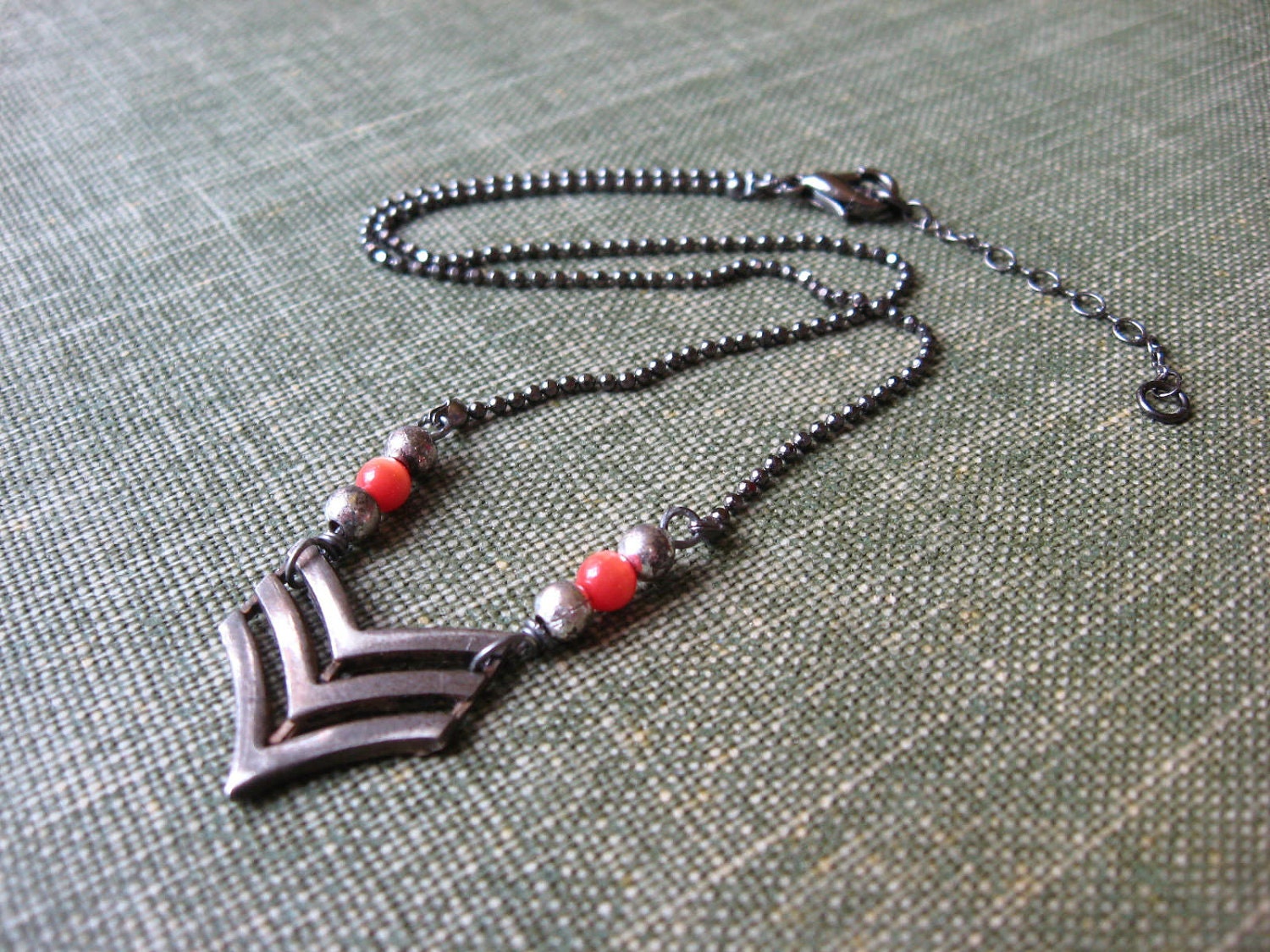 Silver Chevron Necklace Orange Beads Gunmetal Ball Chain