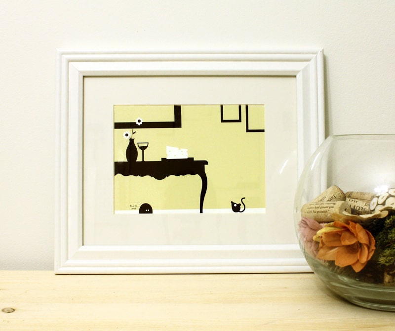 Wine and Cheese Print - Cute Mouse Art Giclee - Animal Silhouette - Green, White & Brown 8x10