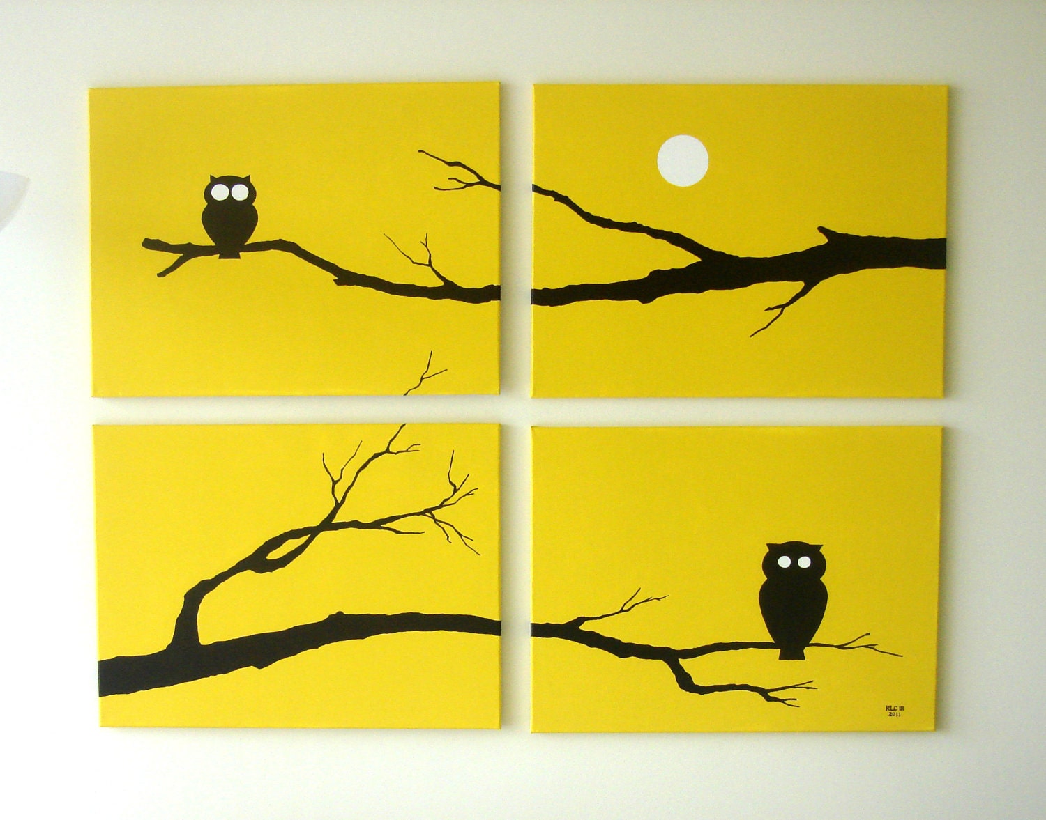 Owl Painting Art - Yellow Owl Silhouette - Fall Decor - Spooky Modern Wall Art 18 x 24 (Set of 4)