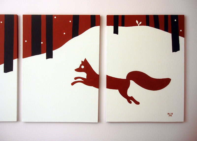 Red Fox Painting - Animal Silhouette Nursery Art - Red White & Black - Winter Christmas Snow Forest Wall Art 18 x 24 (Set of 4)