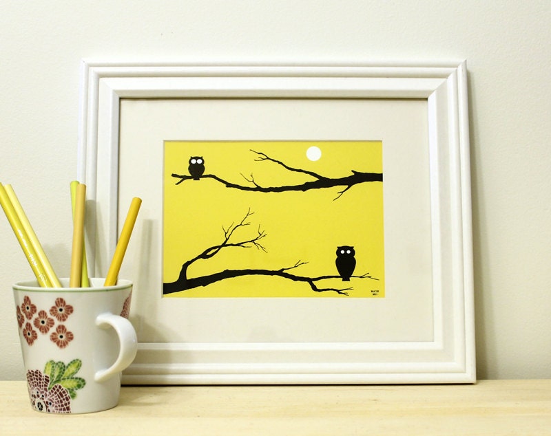 Owl Art Print - Animal Print - Fall Decor, Modern Owl Artwork, Animal Silhouette in Yellow, Black & White 5x7