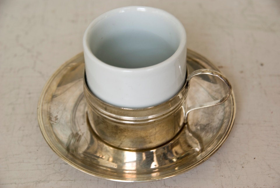Demitasse Set, Porcelain and Silver Plate