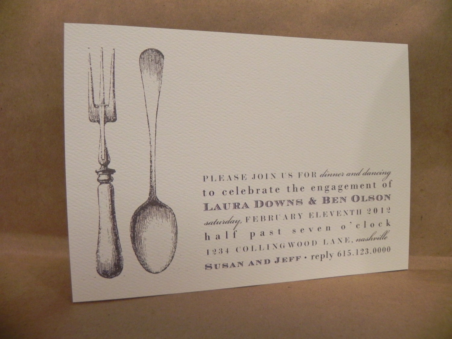 Large Fork and Spoon Invitation for Engagement / Rehearsal Dinner / Supper or Cocktail Party by Darby Cards