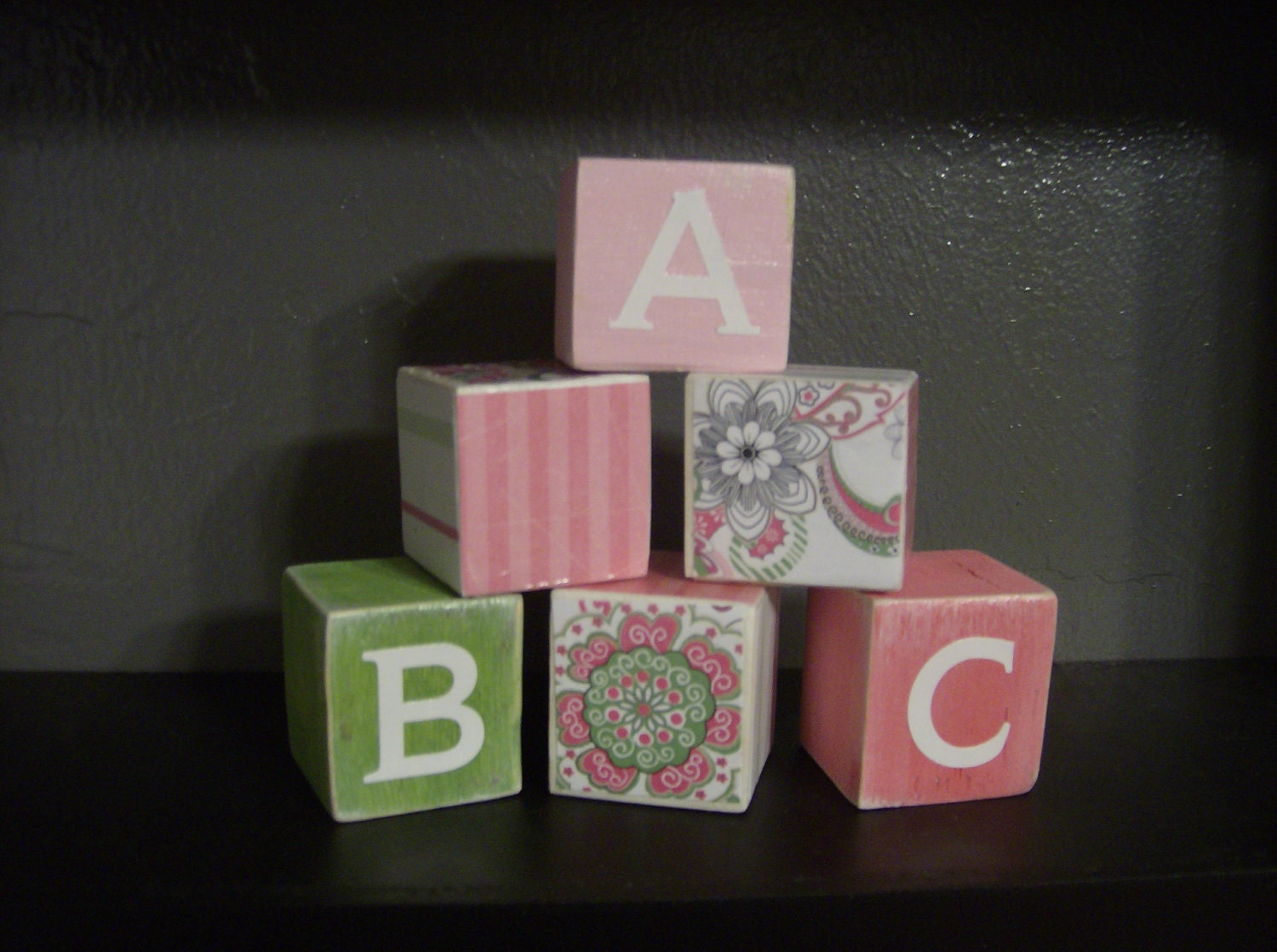 pink green paisley stripe designer boutique wooden baby blocks - wood nursery blocks - maternity baby photography props -