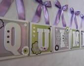 Lilac Green Flowers Nursery Wall Letters - Hanging Wooden Wall Letters -  Personalized Custom Nursery Wall  Letters - Kids Baby Letters