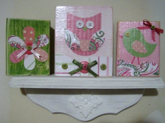Pink Green Owl Flower Bird Nursery Wood Blocks Decor - Wood Nursery Art - Wood Nursery Blocks - Mixed Media Nursery Decor