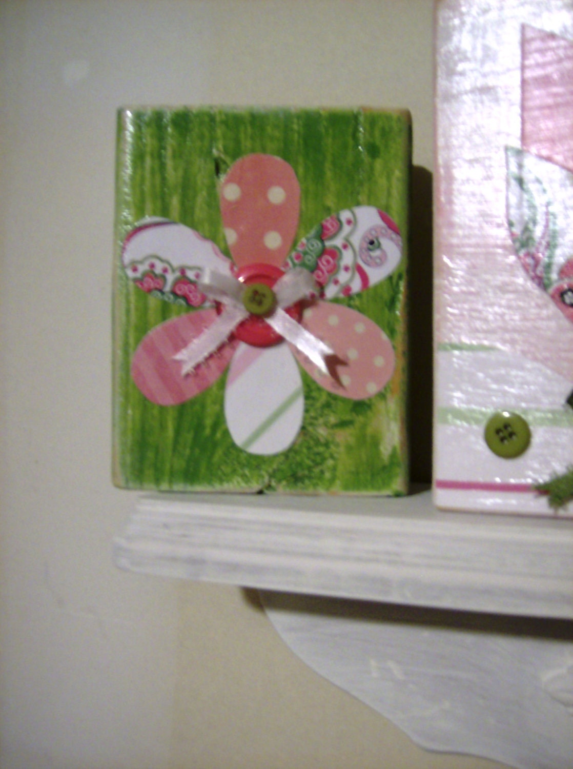 Pink Green Owl Flower Bird Nursery Wood Blocks Decor - Wood Nursery Art - Wood Nursery Blocks - Mixed Media Nursery Decor