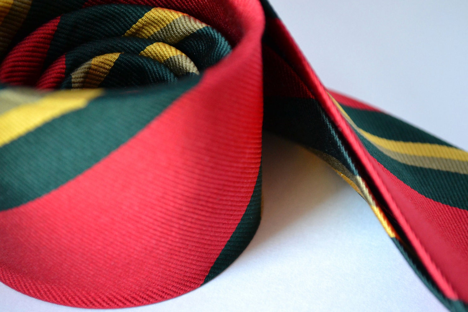 Back to School - Red Tie - Vintage Men's All Silk Skinny Tie with Green and Yellow Stripes - Classic Prep