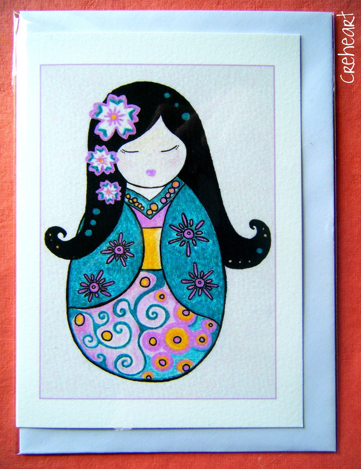 Kyoko - Kokeshi Dolls Collection - Art Card from Original Watercolor (mixed media)