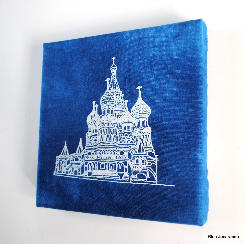 St Basil's Cathedral Screen Print White on Blue Stretched on Canvas