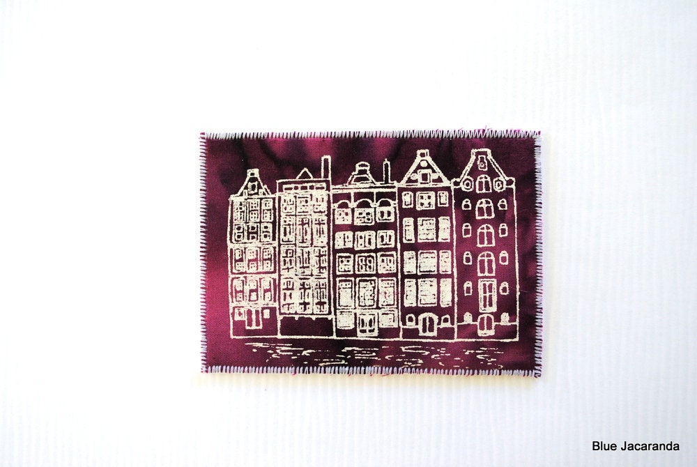 Dutch Houses Mini Art Card Screen Print White on Purple ACEO