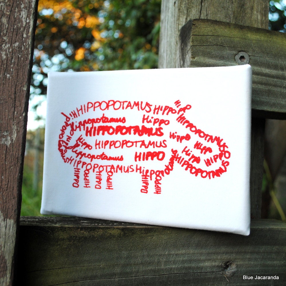 Hippo Word Art Screen Print Red on White Nursery Art Calligram Stretched on Canvas