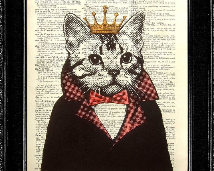 CAT Art Print / Cat Poster - Cat King - ACRYLIC PAINTING Vintage Book page print, Dictionary art print, Dictionary print, Original Artwork