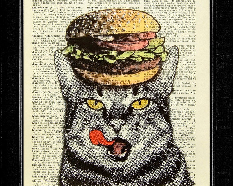 Cat Art Print - Hamburger Cat - ORIGINAL ARTWORK hand painted art print on Vintage Dictionary page, Dictionary art, Dictionary print