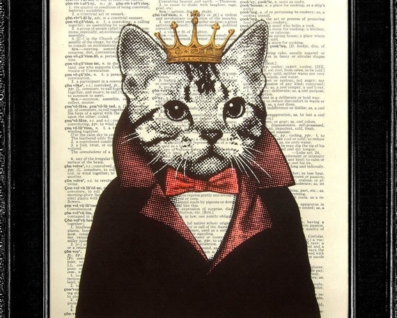CAT Art Print / Cat Poster - Cat King - ACRYLIC PAINTING Vintage Book page print, Dictionary art print, Dictionary print, Original Artwork