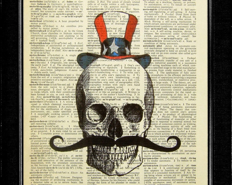 SKULL ART PRINT, Dictionary Art, Skull Retro Art Skull Illustration Skull Wall Art Skull Drawing Skull Poster Artwork - Uncle Skull Mustache