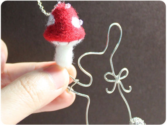 Rabbit and Mushroom, Necklace - wire, crystal beads, wool felt