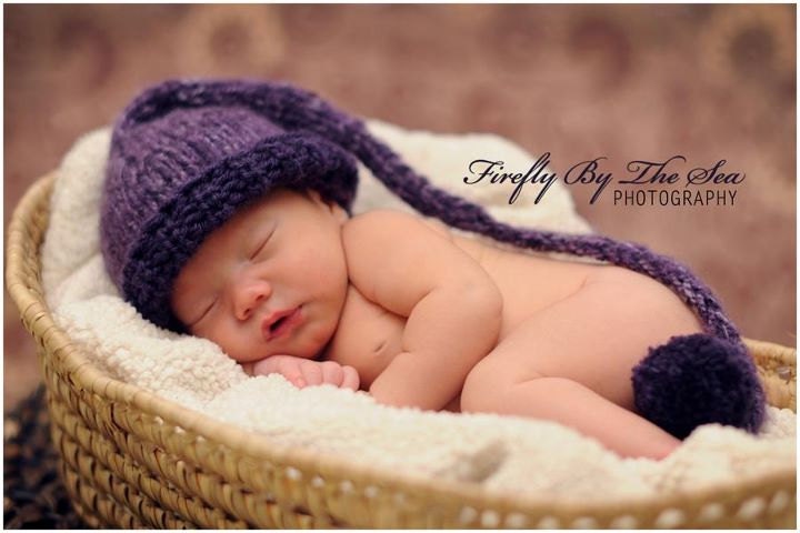 Purple Pompom  baby hat, perfect newborn photo prop and winter warm everyday use hat.