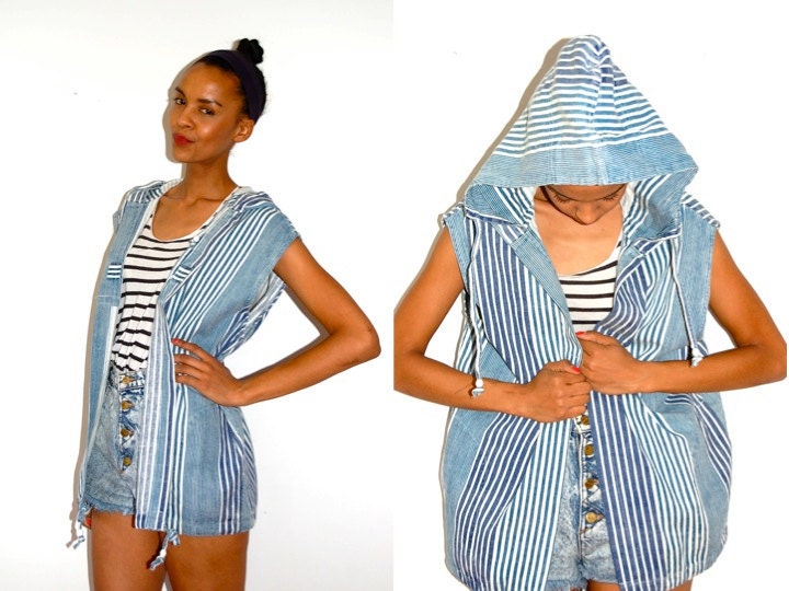Vtg Blue & White Mix Striped Slouchy Open Hooded Jacket