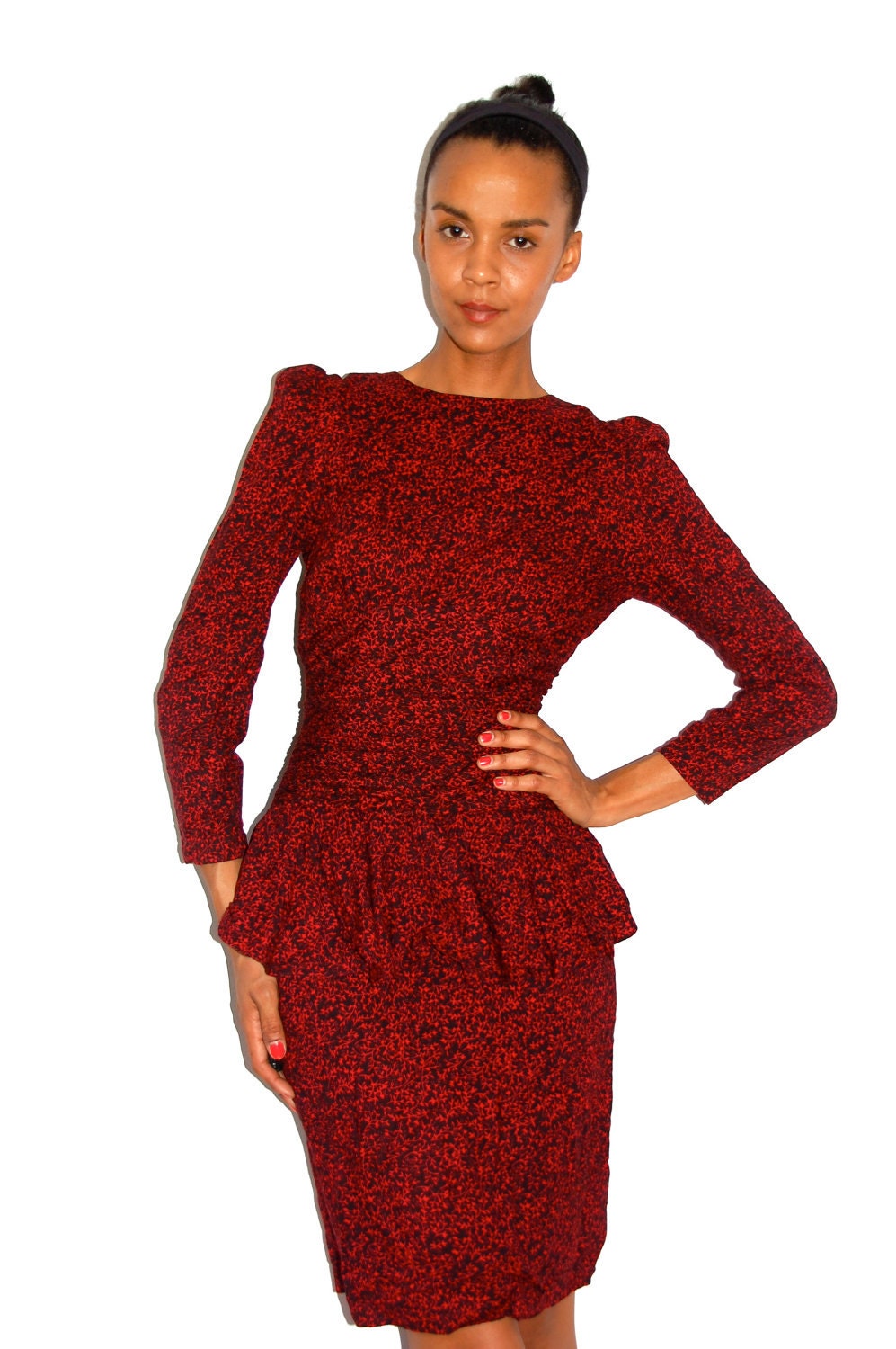 RESERVED shaynzbay: Vtg Floral Red & Black Printed Peplum Wiggle Dress