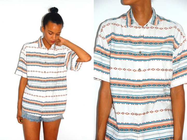 Vtg Tribal Southwest Printed SS Cotton Button Down Shirt