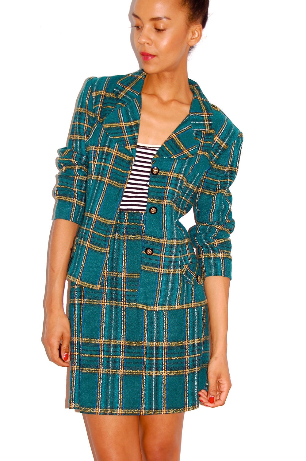 Vtg 2 Piece Plaid Green Yellow Fitted Blazer Mini Skirt