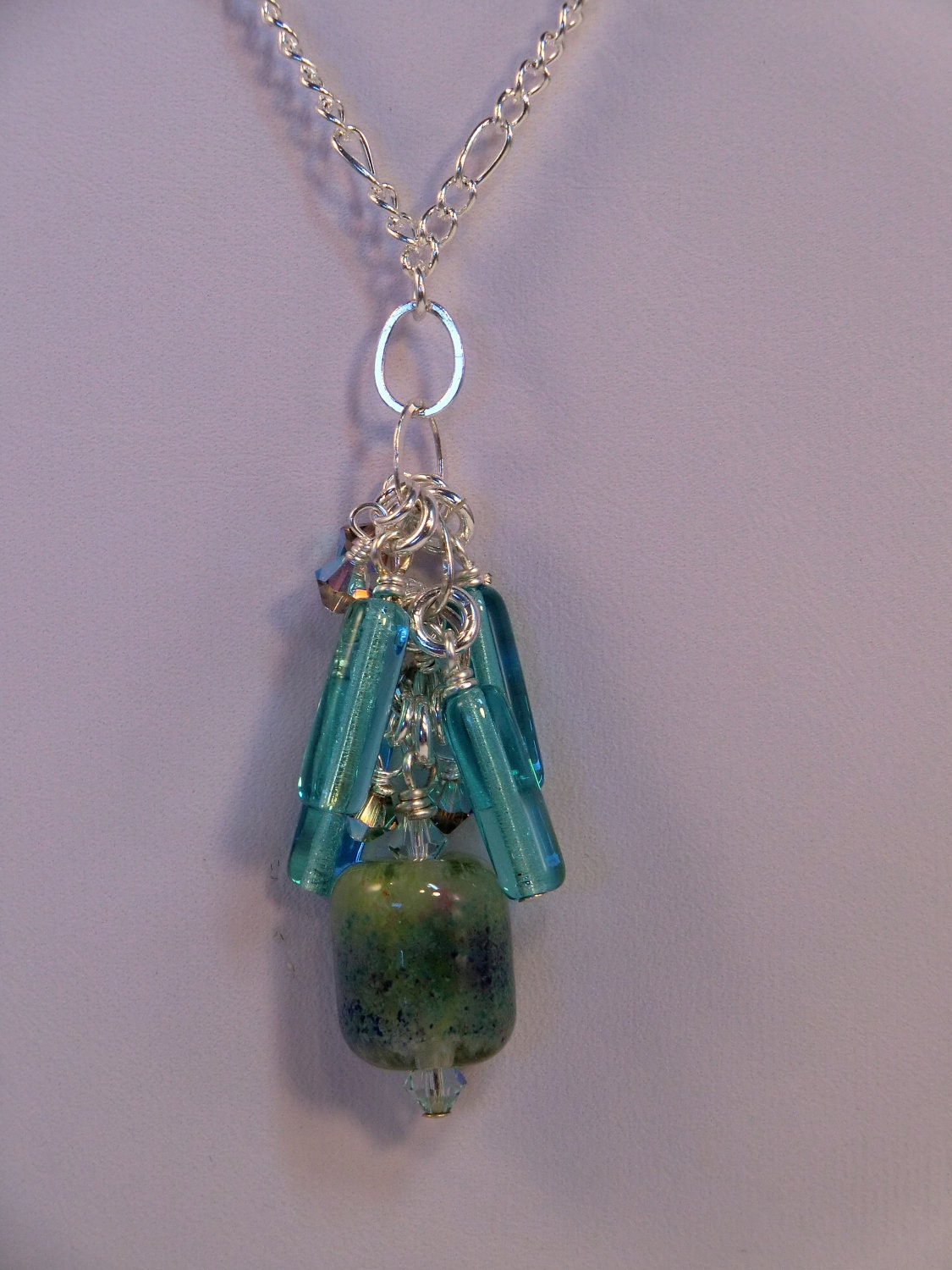RESERVED FOR ICARON1961: Aqua and green nebula lampwork necklace with pendant and crystals necklace