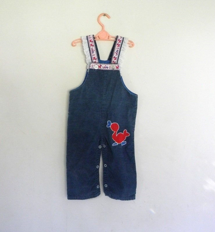 Vintage Baby Overalls, Blue Applique Overalls 18 Mos.