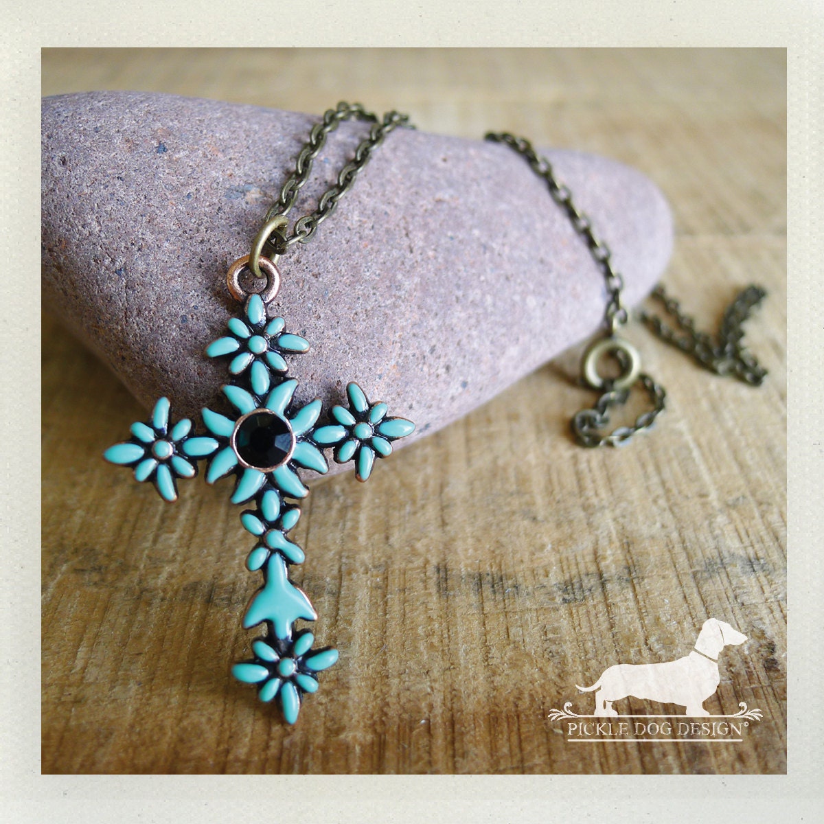 Stone Rolled Away. Cross Necklace -- (Cross Necklace, Vintage-Style, Simple, Teal, Blue, Turquoise, Shabby Chic, Gift For Her Under 25)