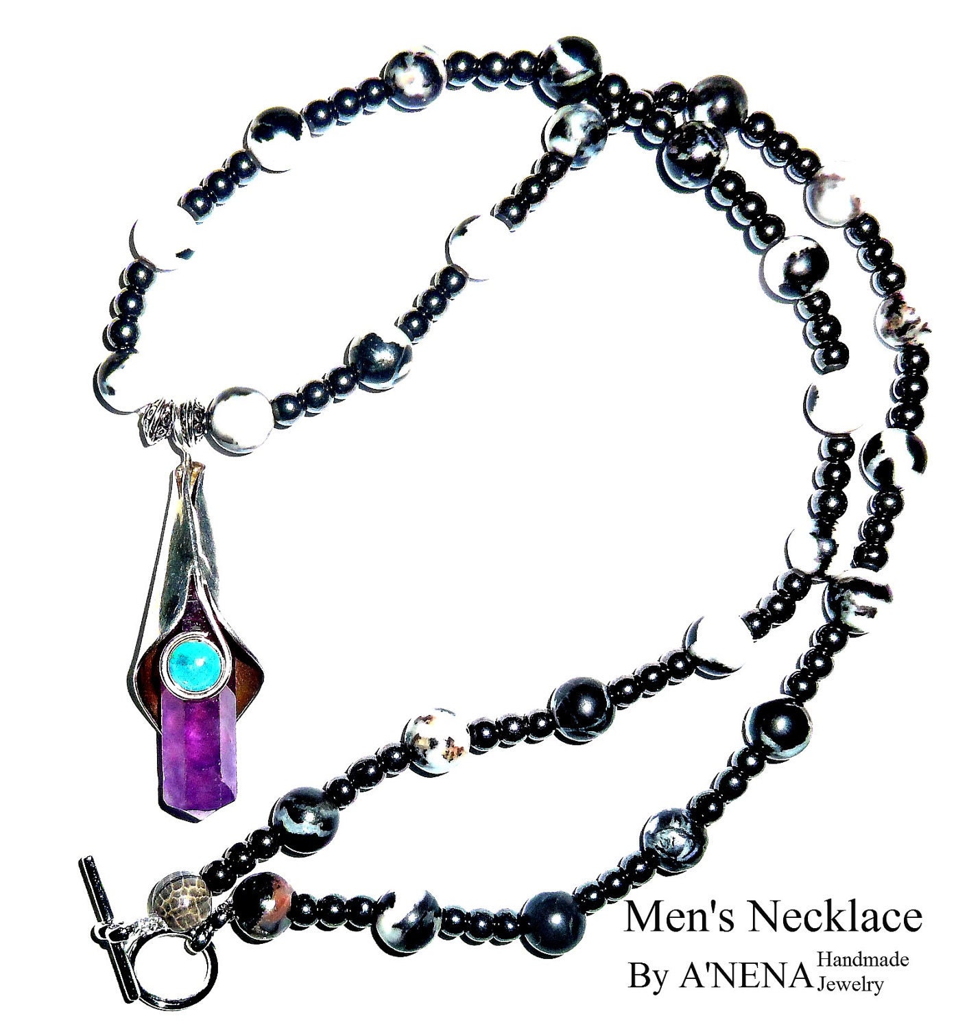 Necklace For Men " Faithful and Hopeful" Zebra Jasper Fire Opal, Sterling Silver, Amethyst, & Hematite
