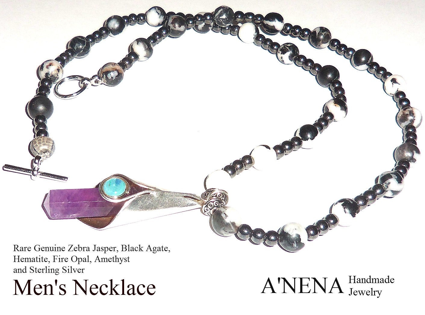 Necklace For Men " Faithful and Hopeful" Zebra Jasper Fire Opal, Sterling Silver, Amethyst, & Hematite