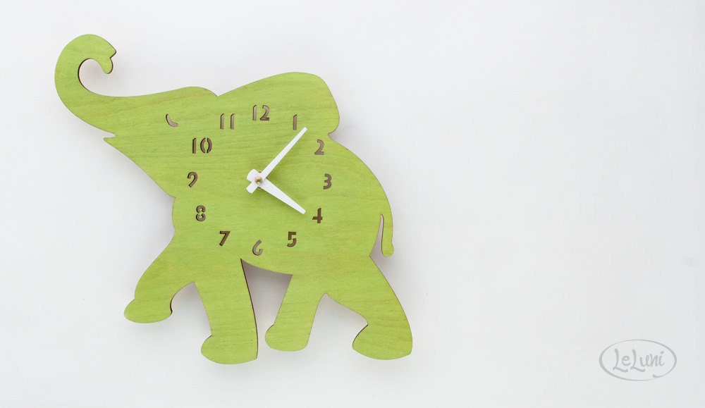The "Baby Lime Green Elephant" designer wall mounted clock from LeLuni