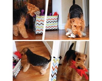Aqua, Orange, Brown, & Lime Chevron Stripe Pet Toy Hamper with frame