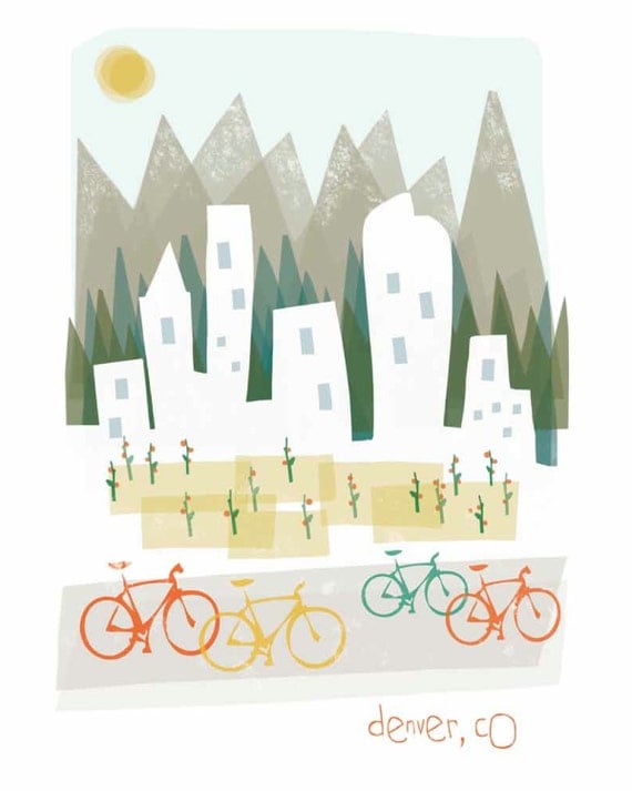 Denver art print illustration - 8x10 - mountain city buildings poster wall decor