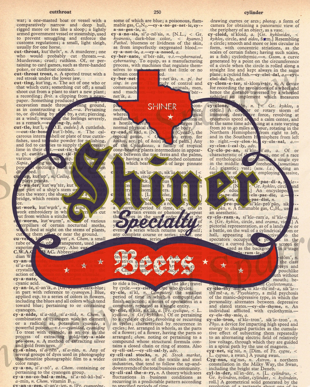 Vintage Dictionary Shiner Bock Print - Shiner Logo print plus FREE 5x7 monogram