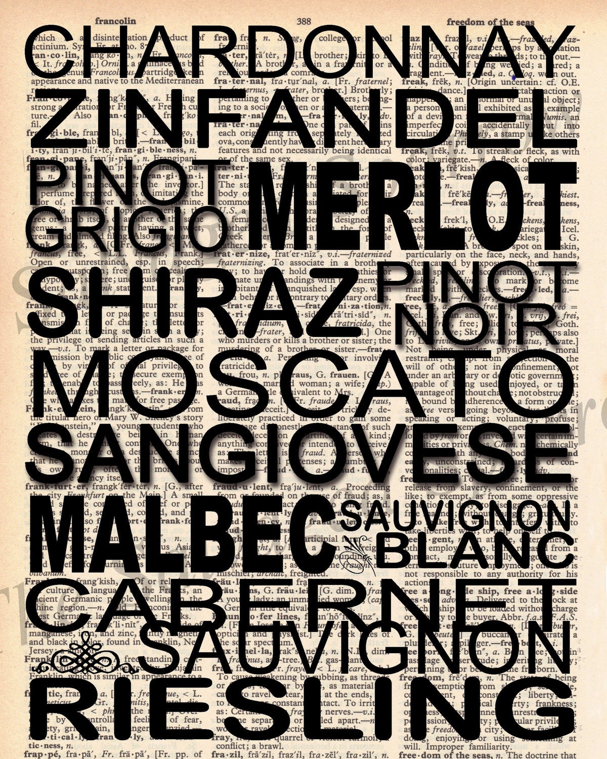 Vintage Dictionary Kinds of Wine Subway Art -plus FREE 5x7 monogram