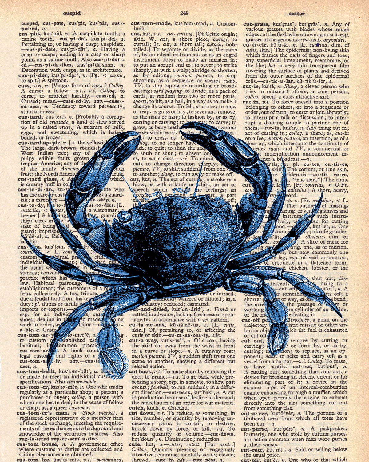 Vintage Dictionary Crab Print - Blue Crab print plus FREE 5x7 monogram
