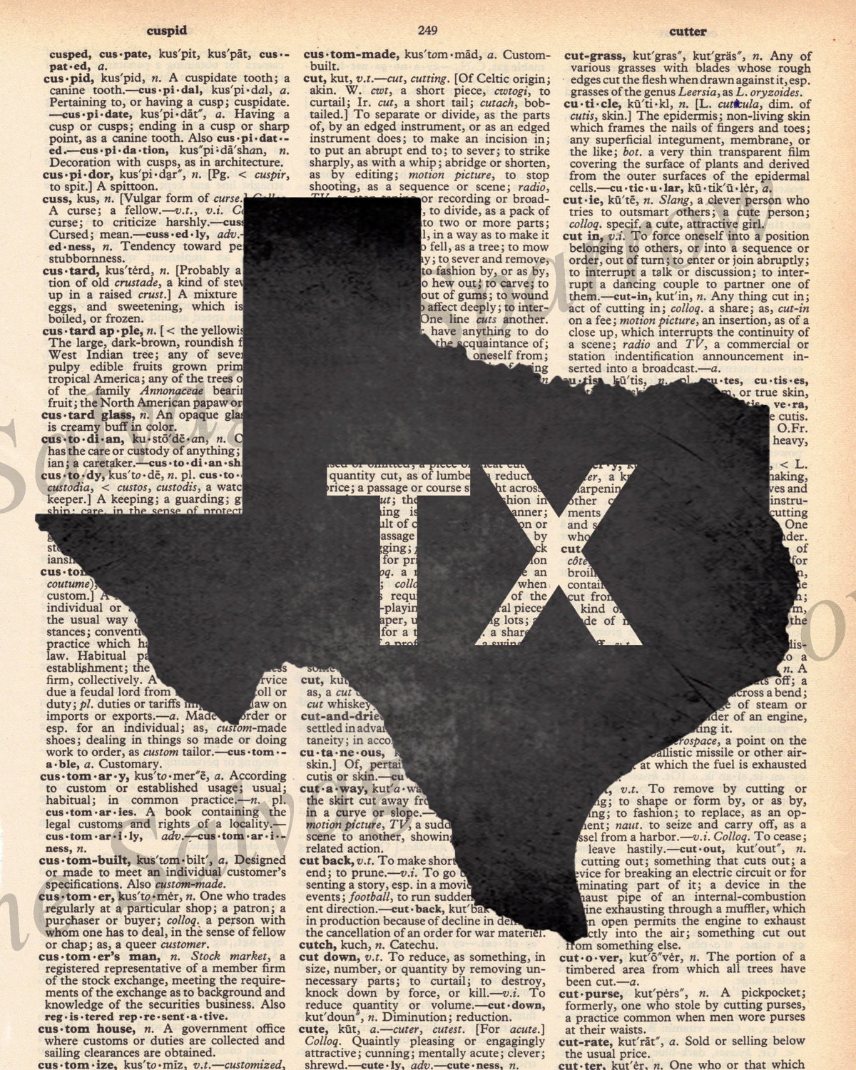 Custom Vintage Dictionary State Print (Pick Your State)- plus FREE 5x7 monogram