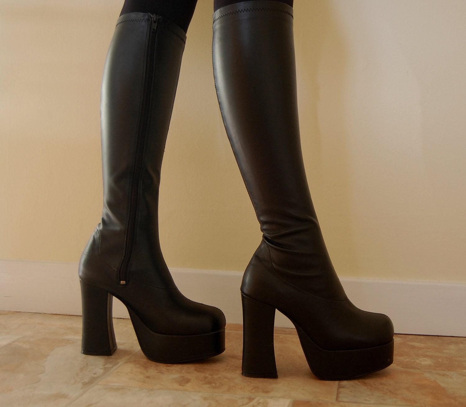 90s Grunge Goth Black Knee High Chunky Platform Boots By Micromall